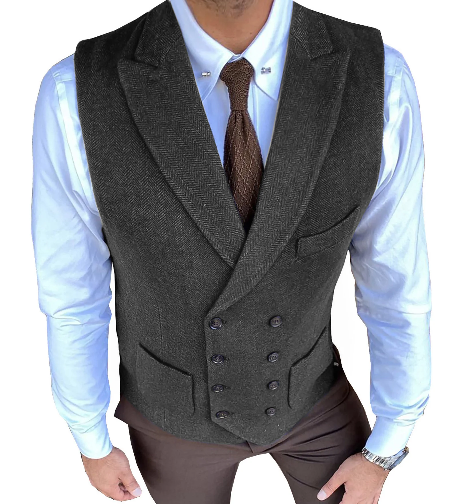 Royal Blue Suit Vest Men Jacket Sleeveless Vintage Tweed Vest Double Breast Plus Size Herringbone Waistcoat Groommen For Wedding
