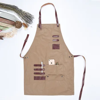 

Canvas With Genuine Leather Belt Apron Barber Kitchen Chef Apron With Pocket Coffee Shop Hairdresser Sleeveless Work Apron