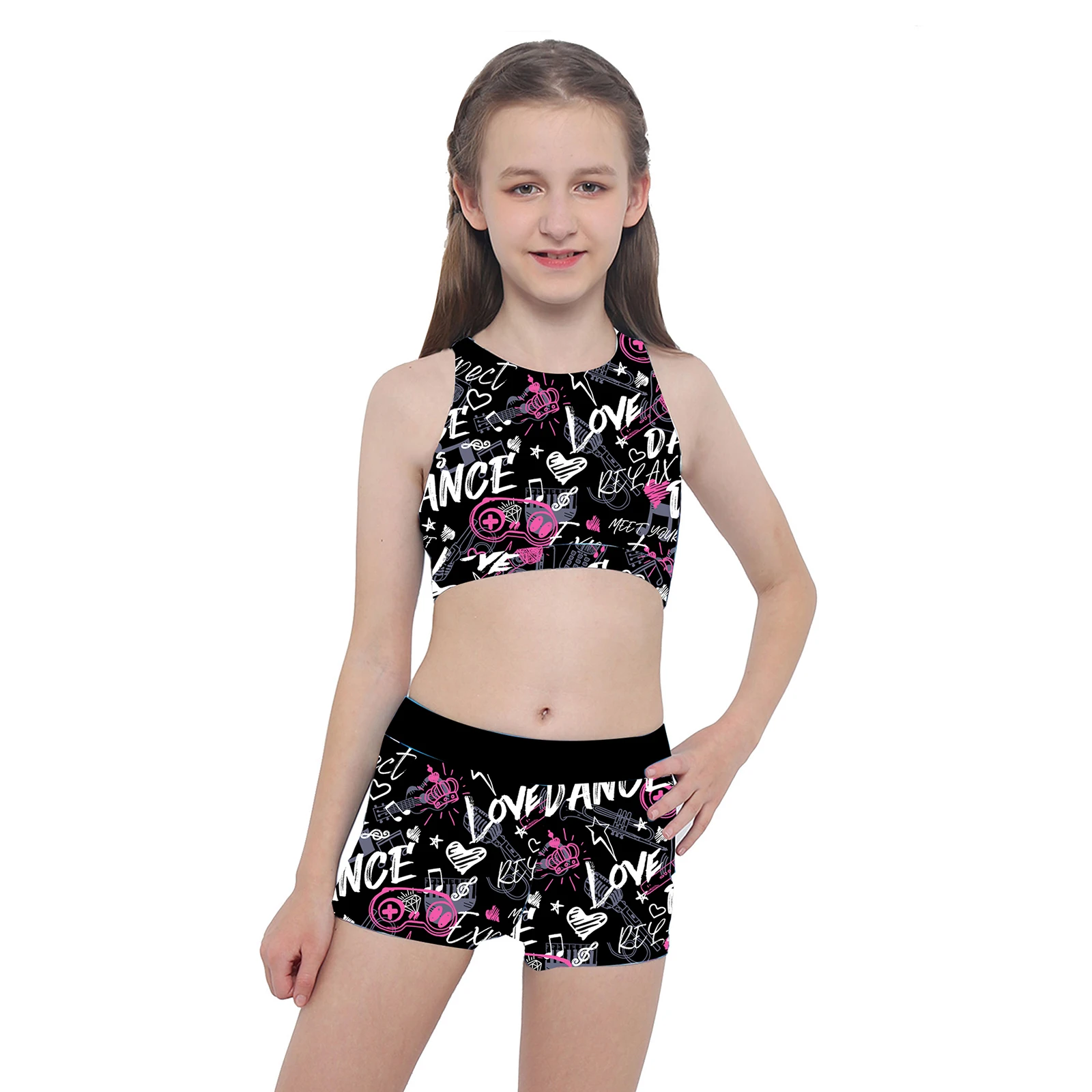 Kids Girls Ballet Dance Outfit Gymnastics Crop Tops+Bottom Set Workout Dancewear 