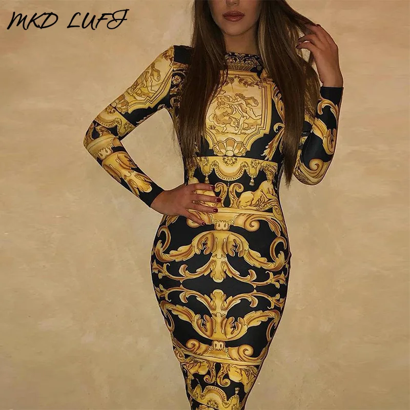Koop Barokprint Vintage Backless Midi Vrouwen Jurk Ronde Hals Lange Mouw Cocktail Jurk