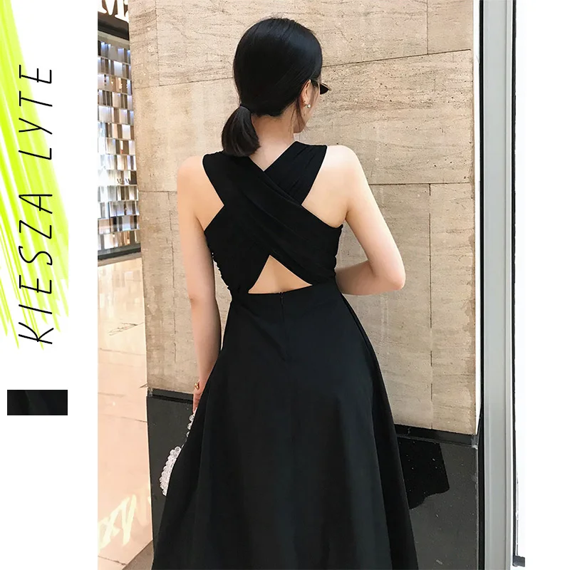 Sexy Dress A-Line Vestidos Back-Cross Midi Hepburn-Style Black Elegant Fashion Women Summer