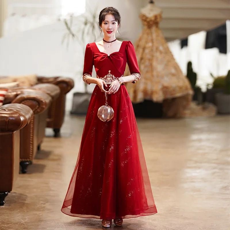 

Bride Elegant Long Wedding Dresses Women Wine Red Embroidery Bridesmaid Evening Dress Bow A-LINE Formal Party Dress Sequins