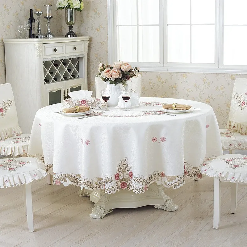 Embroidered Floral Fabric Cutwork Round Tablecloth White Lace Table Topper/Cloth 