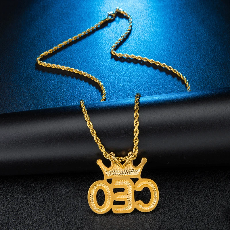 US7 Корона CEO ожерелье с буквами и подвеской, украшенные стразами, подвески с цепочкой для Мужчин, Ювелирные изделия в стиле хип-хоп