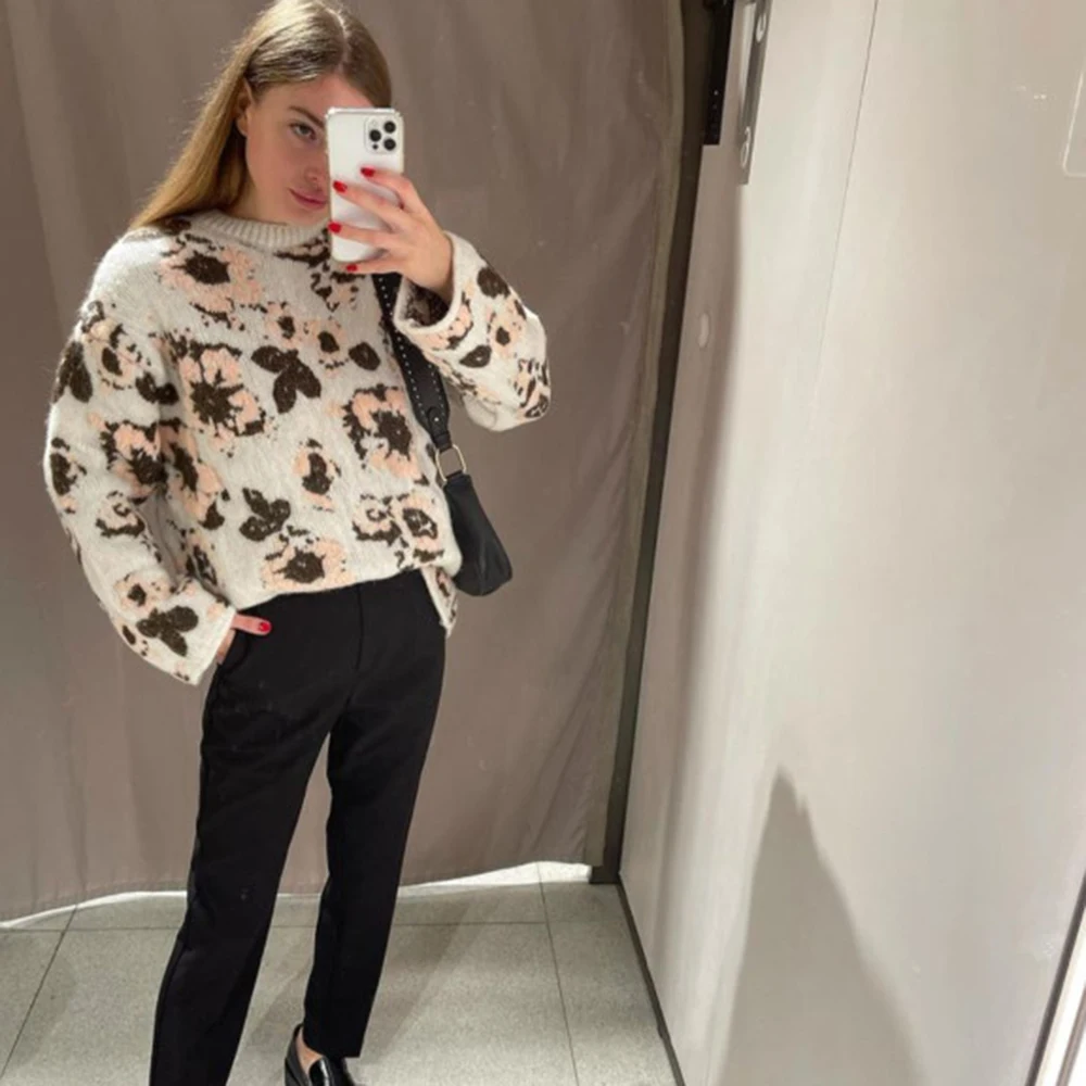 

XIKOM 2021 Autumn Floral Women Sweaters And Pullovers O Neck Long Sleeve Sweater Women Oversize Casual Loose Sweater Knitted Top