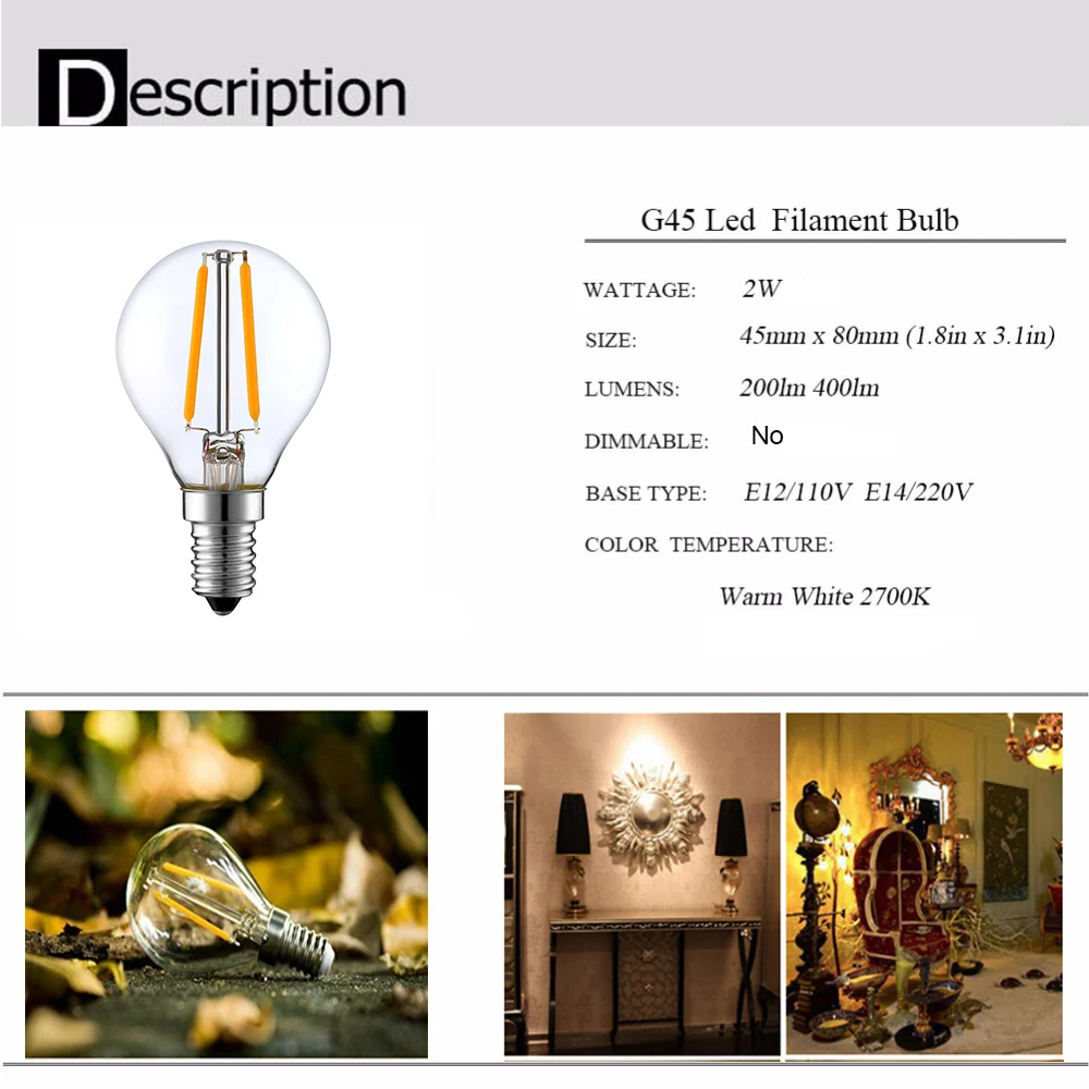 G45 2W 4W Globe Led Bulb E12 E14 Base Warm White 2700K Clear Glass Vintage  Led Filament Bulb For String Light Pendant Chandelier