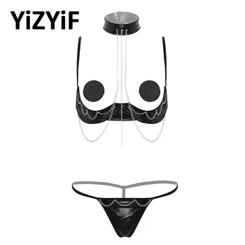 

Women Lingerie sexy bikinis Halter Neck Open Cups Bare Exposed Breasts Nipples Bra with G-string thong Nipple Covers bikini set