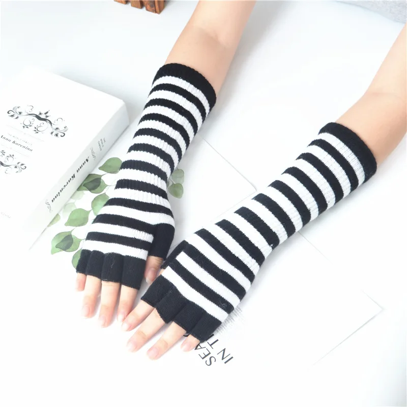 Black White Stripes Long Gloves Women Fashion Winter Long Design Stripes Mittens& Gloves Female Warm Stripes Fingerless Gloves