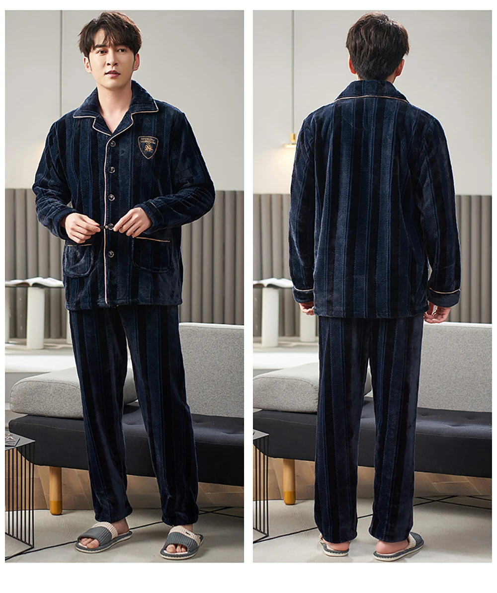 Flannel Pajama Sets Men Winter Men's Pajamas Thick Warm Lounge Set Fashion Striped Embroidery Male Pijama Casual Loungewear 3XL mens lounge wear