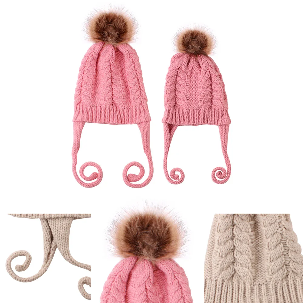Pink Комплект из 2 предметов, шапка для родителей и ребенка, зимняя однотонная теплая вязаная мешковатая шапка с помпонами для мамы и ребенка, рождественские подарки, вечерние шапки - Цвет: Pink