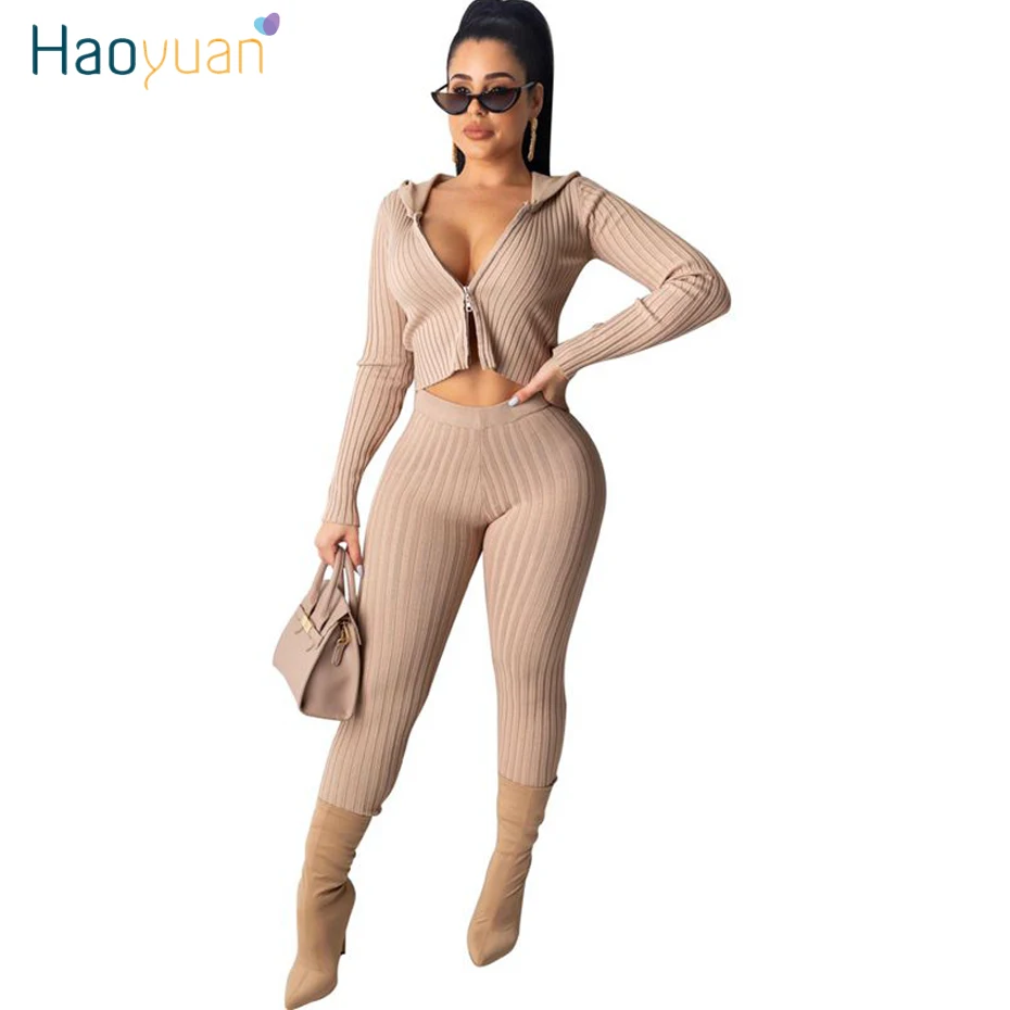 HAOYUAN Sexy Knitted Two Piece Set Tracksuit Women Fall Winter Clothing Crop Top and Pants Matching Suit 2 Piece Club Outfits