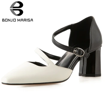 

BONJOMARISA Brand New Ladies Genuine Leather Sandals Fashion Mixed Colors High Heels Summer Sandals Women Party Ol Shoes Woman
