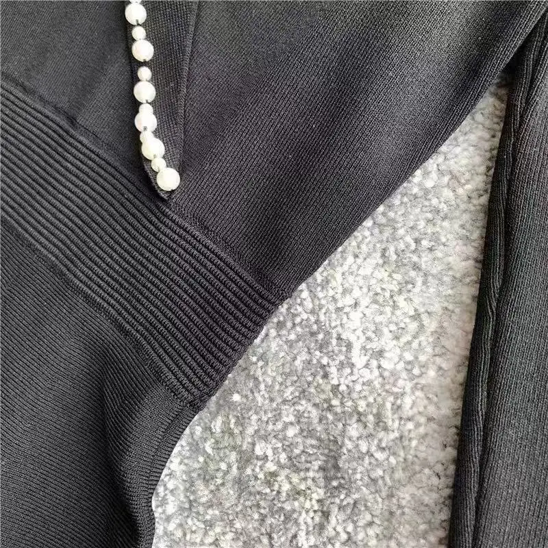 Осень-зима жемчужный вышитый бисером зазубренный воротник с длинным рукавом v-образным вырезом офисный женский узкий трикотажное платье