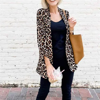 

Female Leopard Blazers New Fashion Lapel V-neck Loose Long Sleeves Casual Tops Suits Ladies' Single Button Autum Casual Outwear