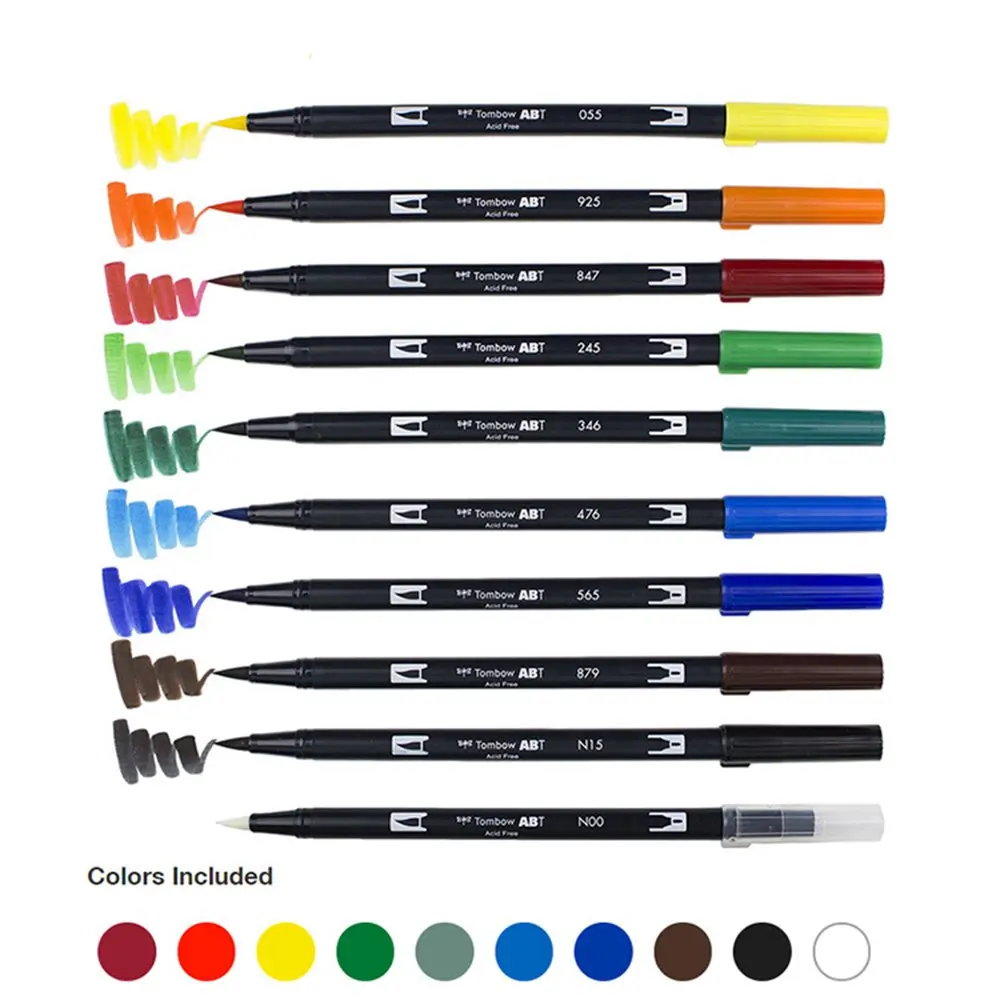 Tombow ABT Dual Brush Pen Art Markers Calligraphy Drawing Pen Set Bright 10-Pack Blendable Brush Fine Tip Watercolor Lettering