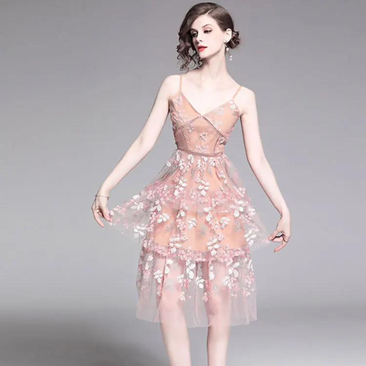 

HAMALIEL S-XXL Self Portrait Runway Holiday Dress Women Spaghetti Strap Mesh Floral Embroidery Sequined Pink Ruffles Party Dress