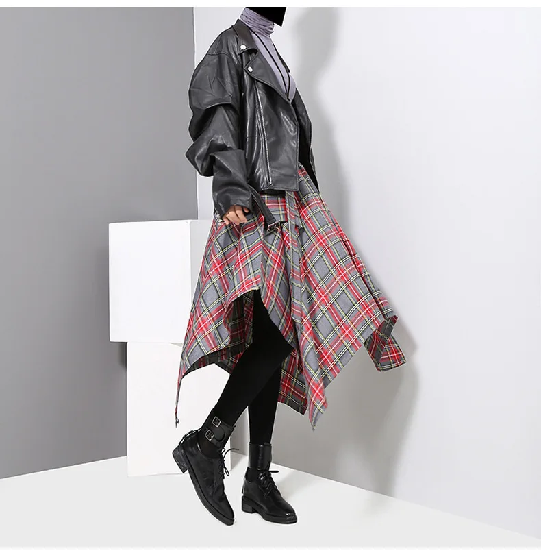 LIVA/Новинка; осенне-зимняя красная клетчатая юбка с высокой талией и разрезом; свободная юбка с большим подолом; женская модная универсальная юбка