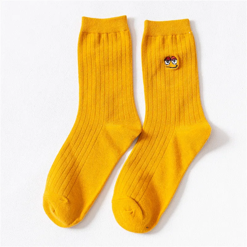 Yellow Кавайные модные забавные носки-трубы средней высоты с вышивкой ярких цветов, мягкие теплые зимние хлопковые носки, рождественский подарок - Цвет: Yellow