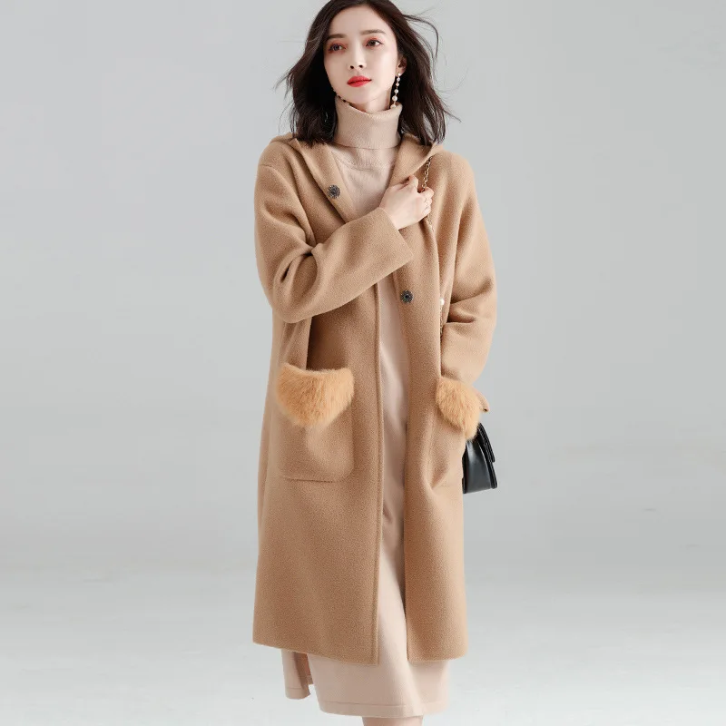 Kopen Fishion Office Lady Hooded Lange Wollen Winterjassen Vrouwen Bedekt Knop Wollen Jas En Jas Losse Zakken Solid Dames Jassen