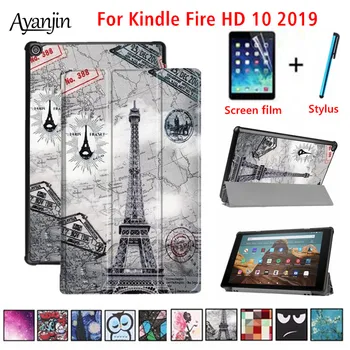 

For Amazon Kindle Fire HD 10 2019 Case For New Kindle Fire HD10 9th Generation Smart Flip Leather Stand Tablet Cover+Film+Stylus