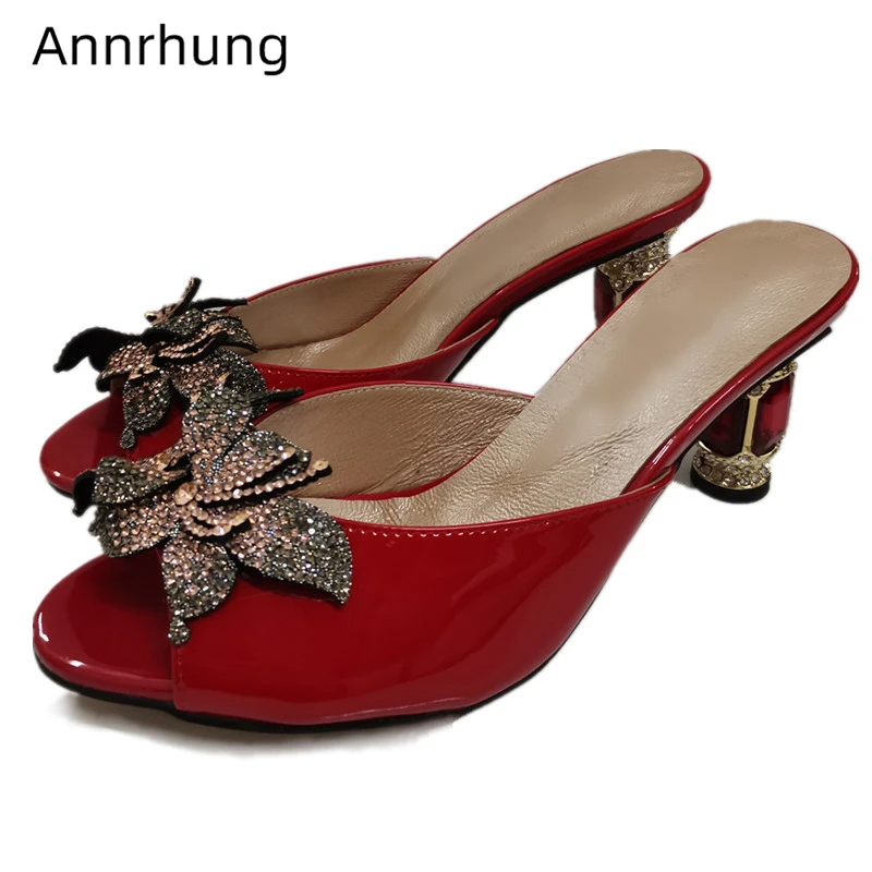

Fashion 2020 Designer Butterfly-flower Slippers Sexy Open Toe Jeweled Rhinestone Heel Crystal Red Diamond High Heel Mules