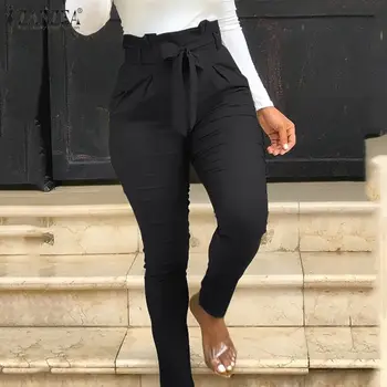 

2020 Fashion ZANZEA Women Elastic Pants Lady Pancil Pants Ruffled High Waist Long Trousers Belted Pantalones Femme Streetwear