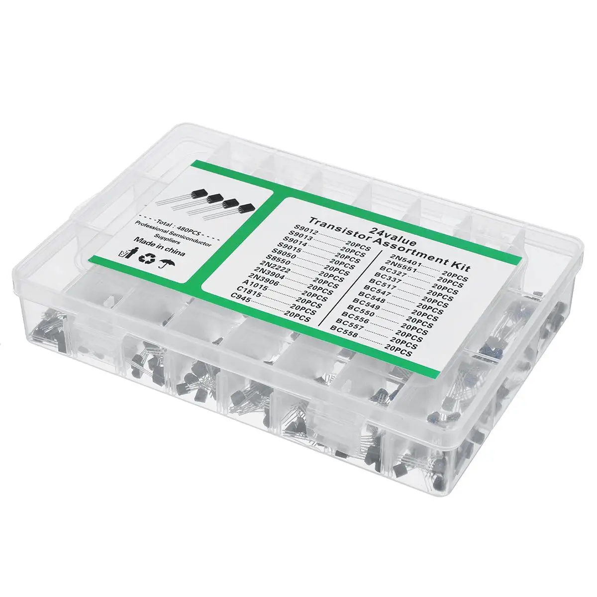 480Pcs 24 Types Silicon In-line NPN / PNP Transistor Assortment Kit Pack 2N2222 Components & Supplies Active Components