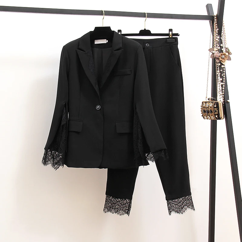 Осенний женский черный кружевной костюм с вышивкой Блейзер+ брюки темпераментный Женский комплект из двух предметов модная офисная одежда - Цвет: two piece