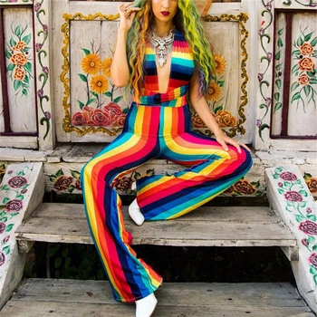 

Rainbow Color Stripes Flare Pants High Waist Elastic Casual Bright Long Pants Women Sexy Slim Trousers Streetwear Autumn New