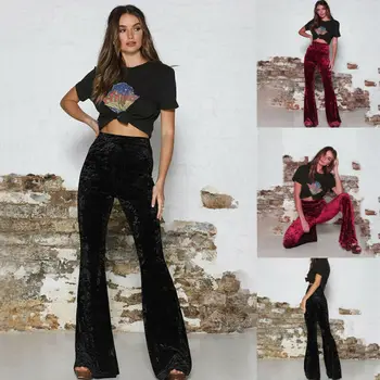 

Casual Womens High Waist Gold Velvet Bell Bottom Ladies Stretch Wide Leg Pants Trousers Solid Elastic Waist Flare Pants