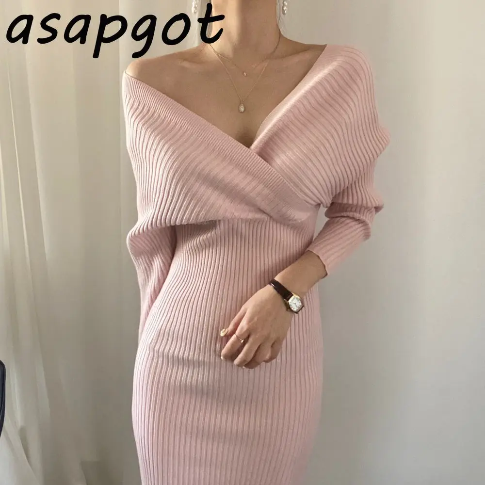 v neck cross bandage slim knitted dresses