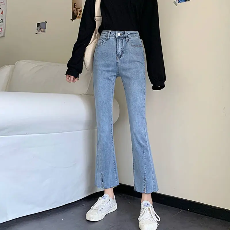 Spring Summer High Waist Split Flare Jeans For Women Elastic Slim Ankle Length Denim Pants Female Casual Streetwear Trousers invisible open crotch outdoor sex tight boyfriend jeans women s high waist slim fit straight ankle lightweight denim trousers