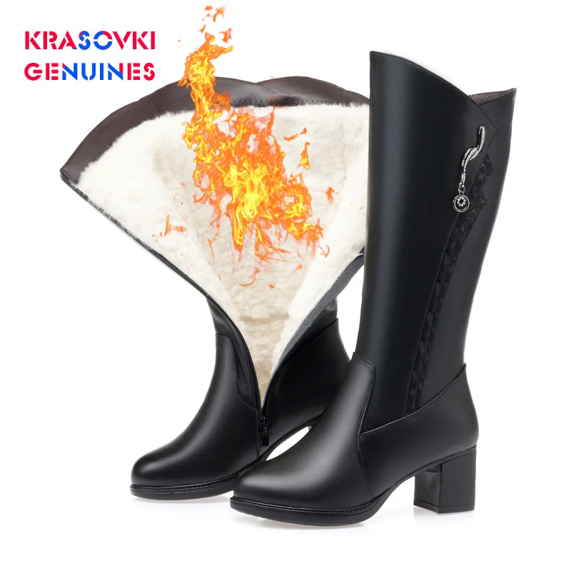 Krasovki/женские зимние ботинки из натуральной шерсти теплая обувь из натуральной кожи на меху плюшевые ботинки до середины икры Модные женские зимние ботинки для отдыха