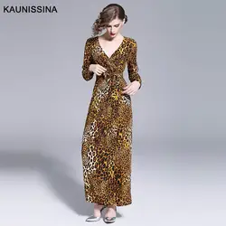 KAUNISSINA/леопардовое вечернее платье с принтом, Длинные вечерние платья из хлопка с длинными рукавами и v-образным вырезом, элегантный, до