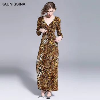 

KAUNISSINA Leopard Print Evening Dress Long Party Gown Cotton Long Sleeve V-Neck Elegant Ankle Length Formal Proms Vestido