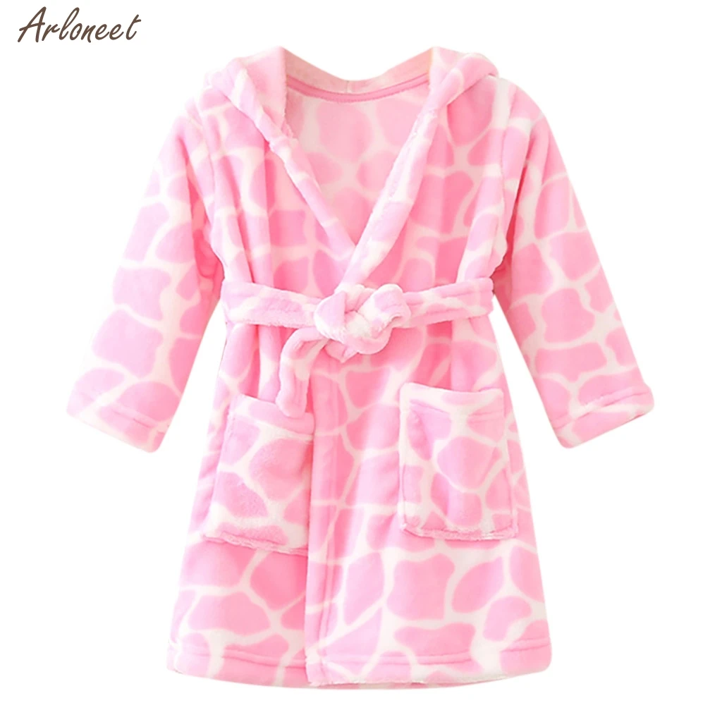 Pink Toddler Baby Boys Girls Print Thick Warm Flannel Bathrobe Night-robe Pajamas Girls Coat Baby Pajamas Sleepwear Outfits New - Цвет: Pink