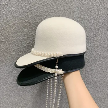 

Vintage Women Winter Warm Cosy Wool Flat Brim FedorasPeaked Cap Hat Pearl Accesories Equestrian Cap Riding Dome Cap