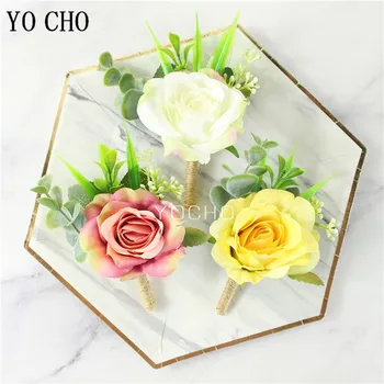 

White Silk Roses Groom Boutonniere Pin Wedding Men Buttonhole Bridesmaids Wristbands Flower Wedding Witness Women Wrist Bracelet