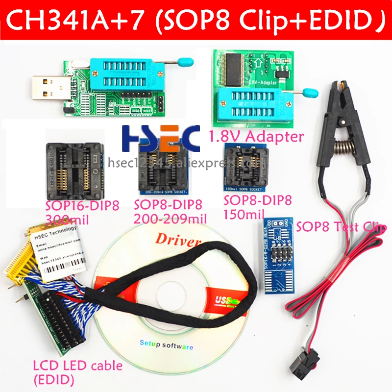 24 25 USB программист ch341a wit sop8 зажим испытания кабель EDID soic8 sop16 1,8 V адаптер переменного тока mx25l6405 w25q64 флэш-память, BIOS ПРОГРАММАТОРЫ eeeprom - Цвет: CH341A with 7 adapte