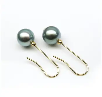 

9.3mm Natural Green Genuine Tahitian Pearl Drop Earrings Dangle 14K Yellow Gold
