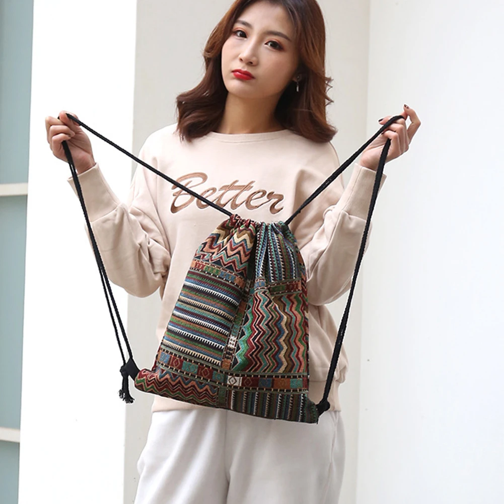 

Practical Hided Pocket Daily Geometrical Travel Sack Large Capacity Foldable Casual Drawstring Backpack Retro Style Durable