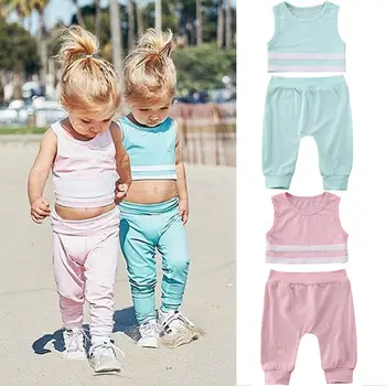

2020 Twins Toddler Baby Girl Clothes Sportwear Sleeveless Tops+Trousers Pnats Summer Casual Cool Outfits 2PCS Set Sunsuit 6M-4Y
