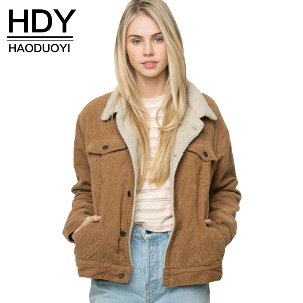 

HDY Haoduoyi Winter Brown Velvet Casual Long Sleeve Denim Jacket Turn-down Collar Single Breasted Basic Women Warm Cotton Coat