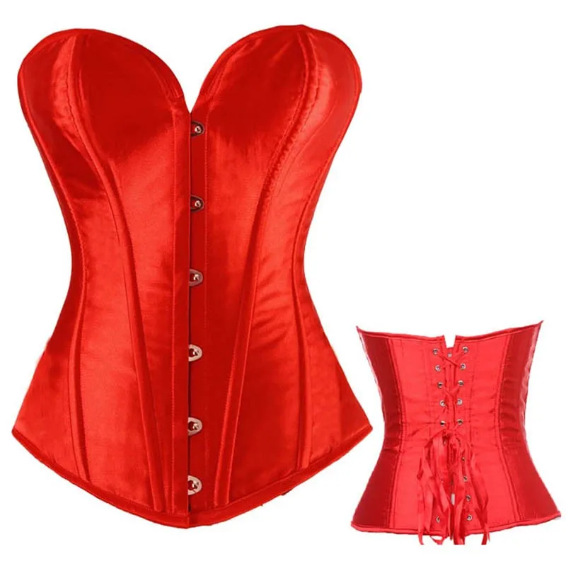 Красный Gothic corset top women sexy lingeries Palace corset overbust solid color metal button satin waist gather bustier - Цвет: Красный