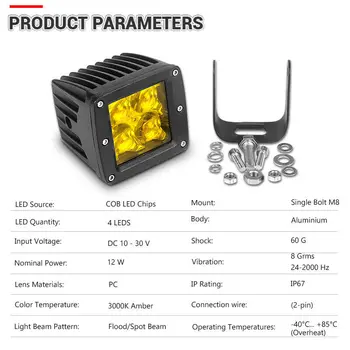 

UTV LED Work Light 2Pcs 12W 3000K Fog Driving Flood Waterproof Replacement