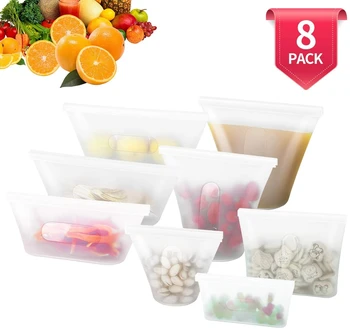 

8 Pack Reusable Silicone Food Bag Containers tLeakproof Zip Lock Containers for Microwave Dishwasher and Freezer Usable