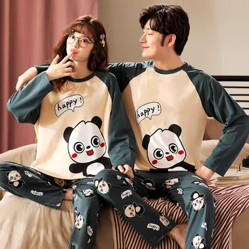 

Autumn Men Pajamas Set Cotton Cartoon Long Sleeve Round Neck Couple Pajamas Set Plus Size M-4XL Leisure Loose Lovers Pyjamas