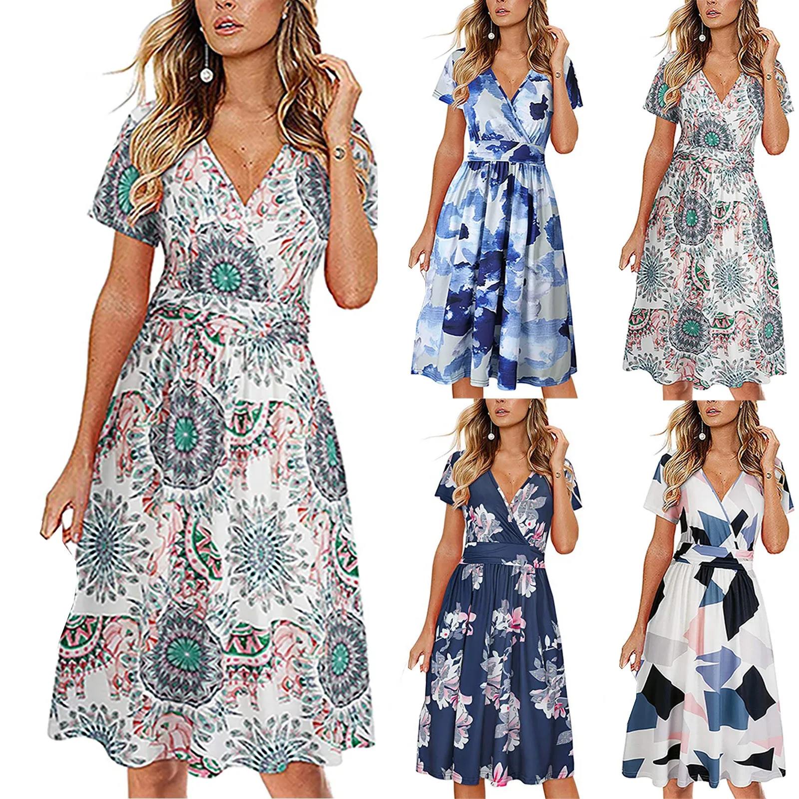 Short-Sleeved Dress Women's New Summer Printed V-Neck Design Temperament Mid Length Beach Mujer Dress Vintage Женский Vestido 1