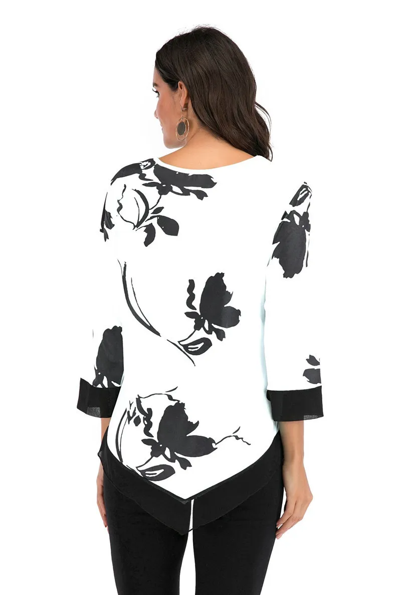 Женские топы, футболки размера плюс S-5XL, Весенняя Осенняя женская футболка с цветочным принтом, Повседневная футболка с круглым вырезом, Нестандартная футболка, топ, пуловер большого размера