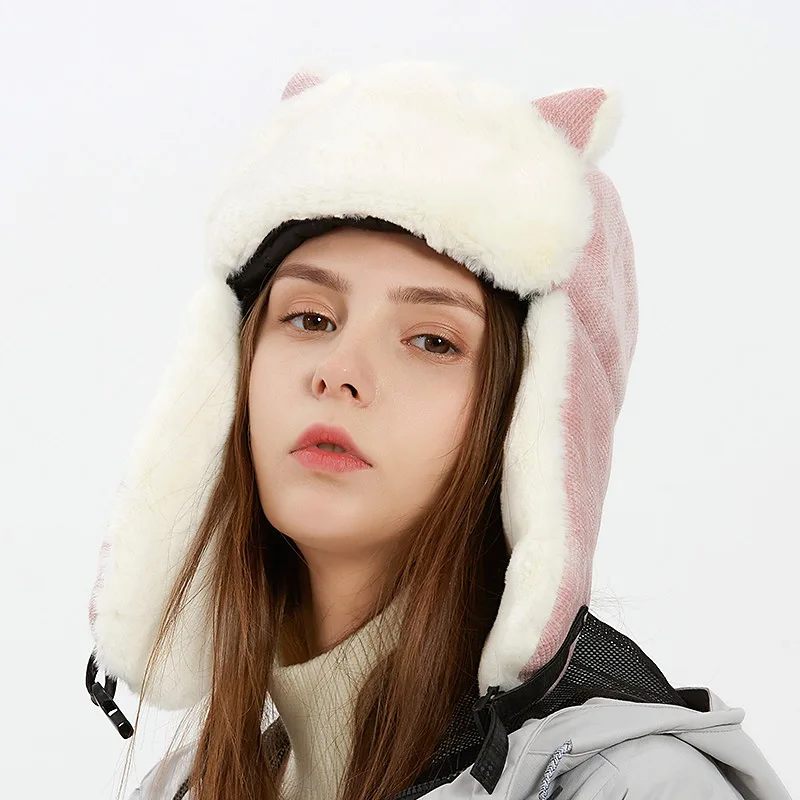 mens winter bomber hats Winter new ladies cat ears Lei Feng hat outdoor cold and warm ear protection fashion wild cute hat bomber crew beanie hat with full face covering